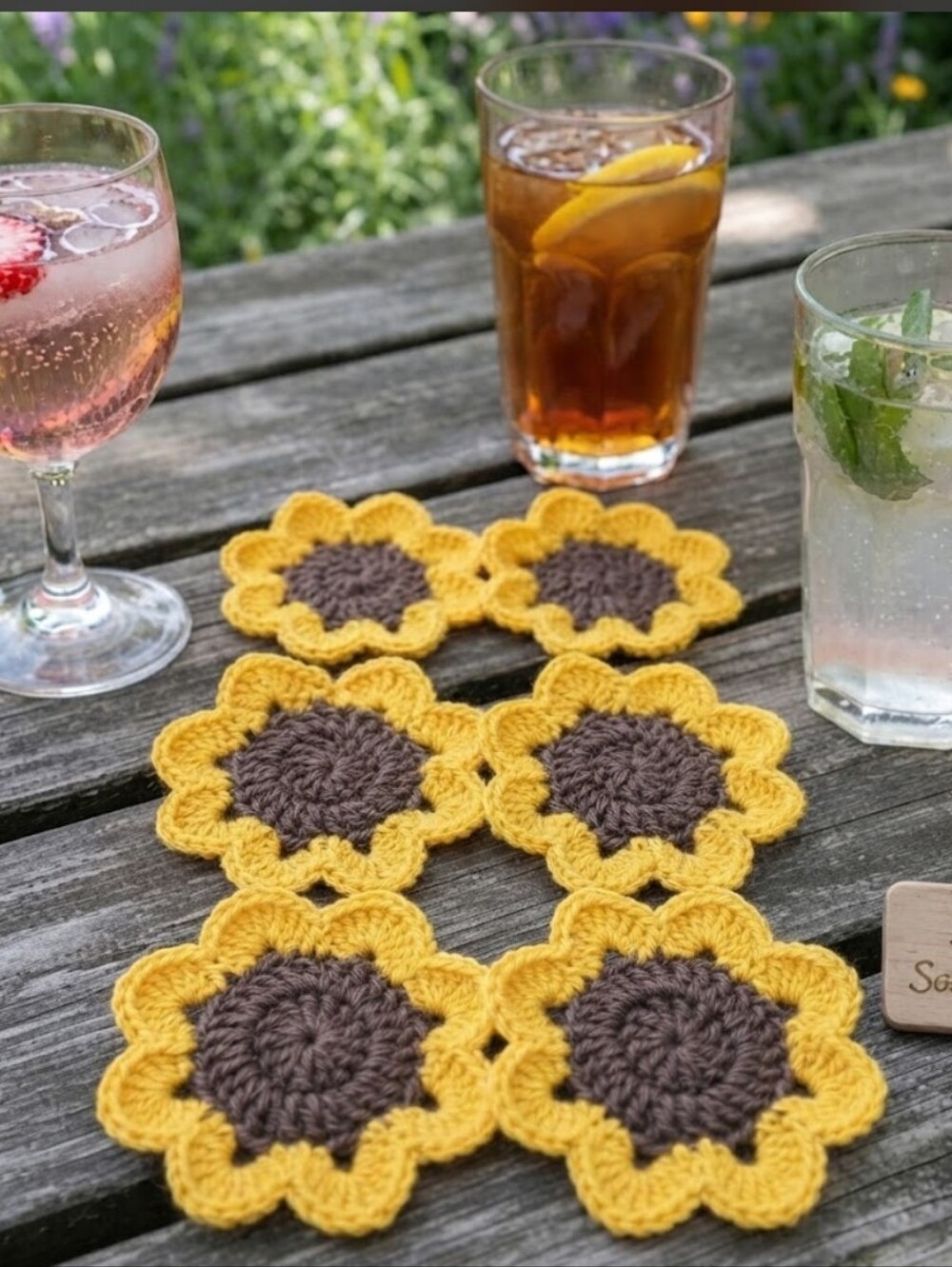 Handmade Crochet Sunflower Coaster 6pc Set 5x5 Inch Yellow Brown Floral Mug Rug